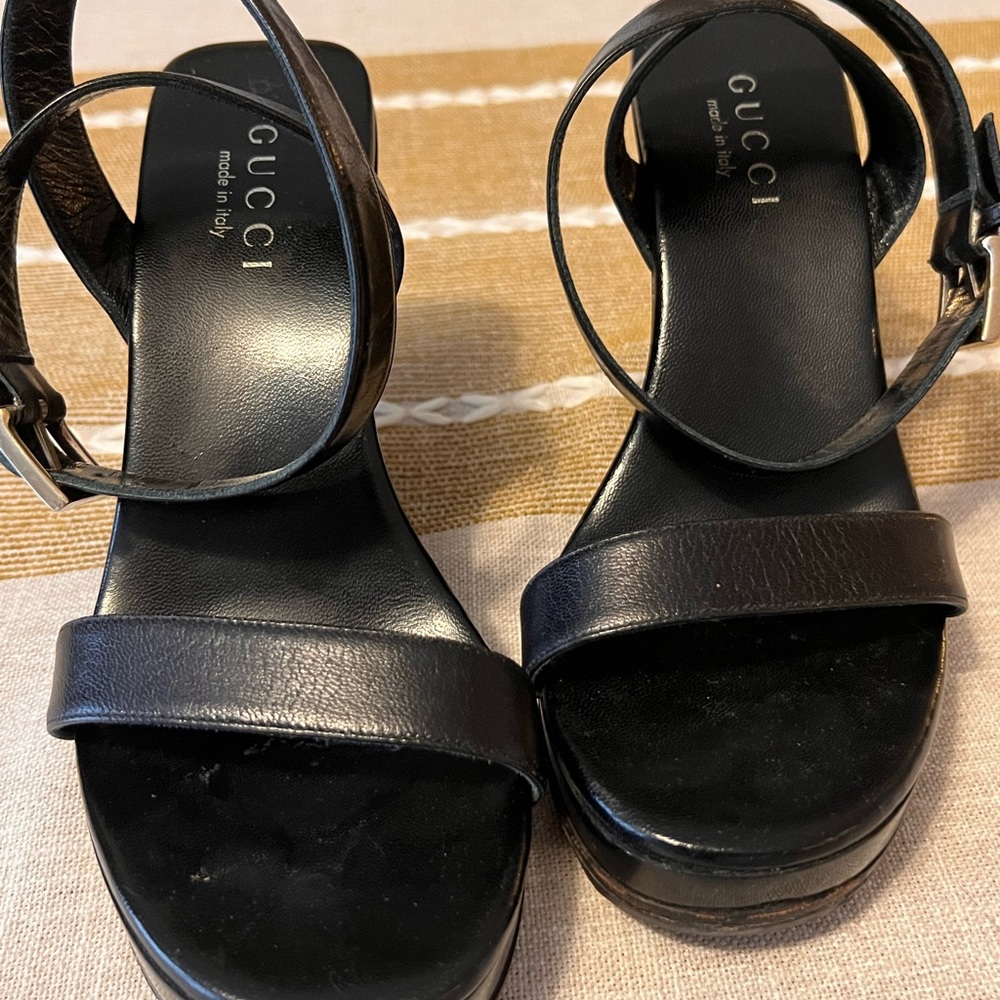 Gucci Patent Leather Black Wedge Buckle Ankle Strap Sandals EU 36.5
